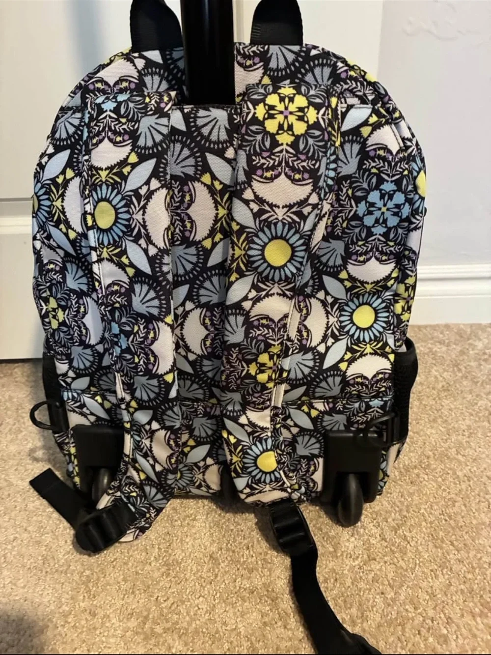 Rolling Vera Bradley Black, Yellow & Light Blue Floral Backpack